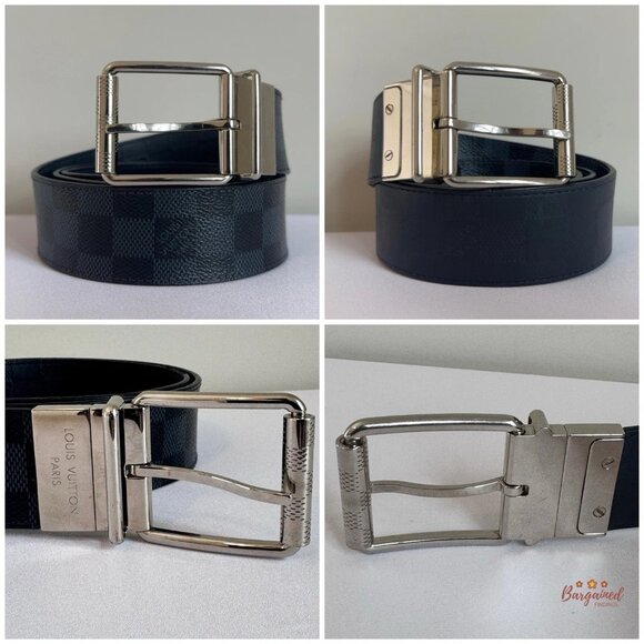 Auth Louis Vuitton Damier Grey/Black Reversible Leather Silver Buckle Belt 95 - Picture 2 of 11